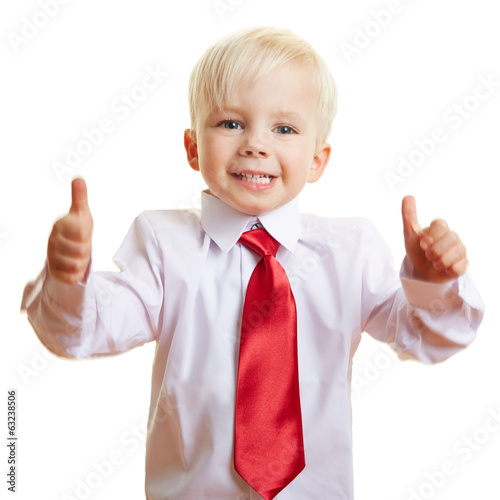 Kind mit Schlips hält Daumen hoch Stock-Foto | Adobe Stock