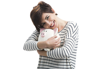 Canvas Print - Woman with a piggybank