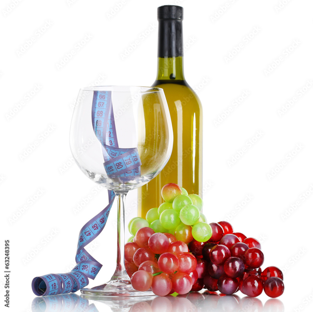 Wine and measuring tape isolated on white