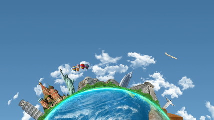 spinning earth planet with famous landmarks+alpha channel