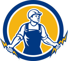 Sticker - Electrician Holding Two Lightning Bolts Side Retro