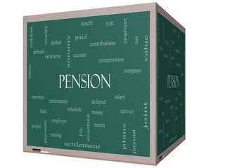 Wall Mural - Pension Word Cloud Concept on a 3D cube Blackboard