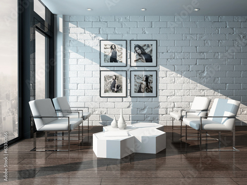 Minimalist Living Room Interior With White Brick Wall And Chairs Minimalist Living Room Interior With White Brick Wall And Chairs
