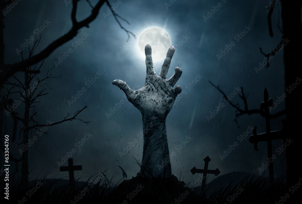 Halloween, dead hand coming out from the soil - obrazy, fototapety, plakaty 