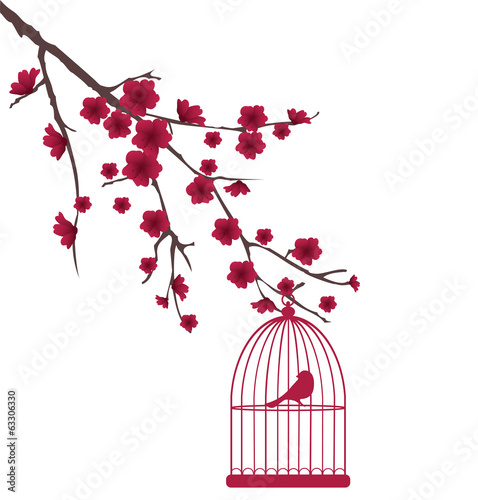 Fototapeta na wymiar vector red bird in a cage in the tree with flowers