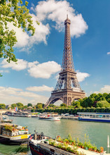 Eiffel Tower In Paris, France. Beautiful View Of Seine River In Summer.