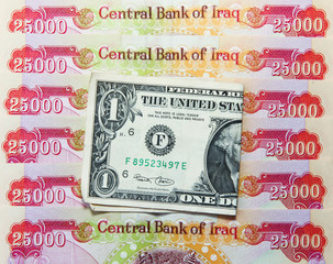 Wall Mural - Iraqi Dinar notes and an American one Dollar note