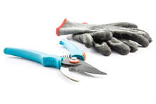 Pruning Shears And Gardening Worn Gloves