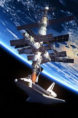 Wall Mural - space shuttle and space station.