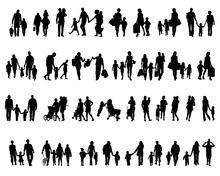 Black Silhouettes Of Families In  Walking, Vector