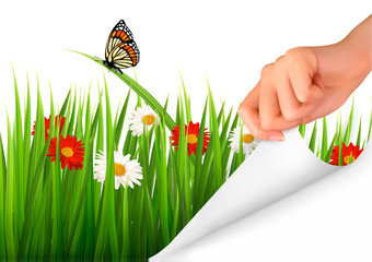 Aufkleber - Spring background with flowers, grass and a hand. Vector.
