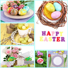 Easter Collage With Easter Eggs And Table Setting