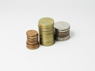 Coins stack with close up isolated on white background