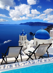 Fototapete - antorini with Traditional Church in Oia, Greece
