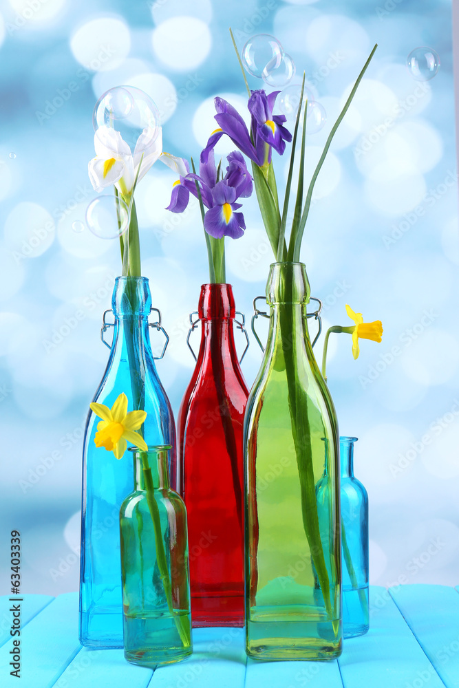Beautiful irises and daffodils in bottles, on light background