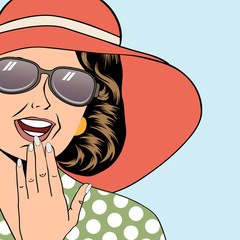 popart retro woman with sun hat in comics style, summer illustra