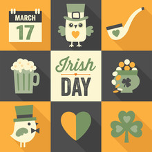 St Patricks Day Flat Icon Set With Long Shadow