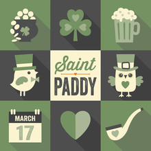 Set Of St Patricks Day Flat Icons With Long Shadow