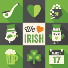 Set Of 9 St Patricks Day Flat Icons With Long Shadows