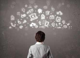 Poster - Business man looking at modern icons and symbols