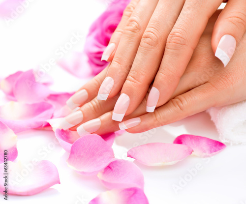 Naklejka na szybę Manicure and Hands Spa. Beautiful Woman Hands Closeup
