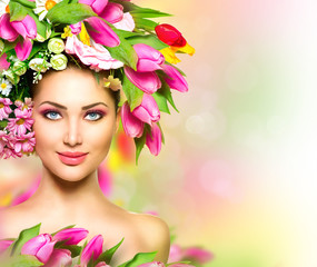 Wall Mural - Beauty summer model girl with colorful flowers hairstyle