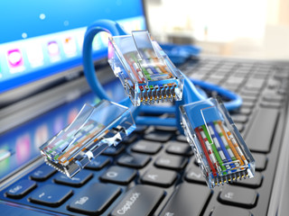 Aufkleber - Internet concept. Laptop and ethernet cables.