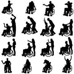 Wall Mural - Vector silhouettes of people in a wheelchair.