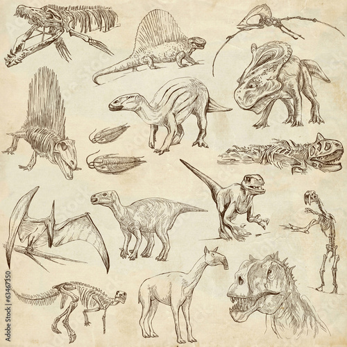 Obraz w ramie Dinosaurs no.2 - on old paper, full sized hand drawn set