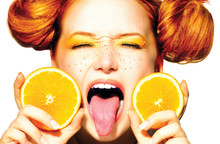 Beauty Joyful Teen Girl With Juicy Oranges. Freckles