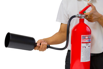 A man showing how to use fire extinguisher isolated over white b