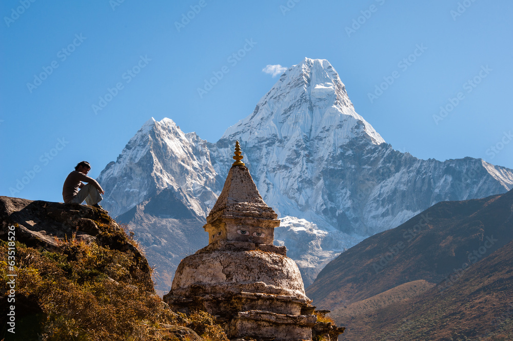 Buddhist stupa with Ama Dablam in background, Nepal - obrazy, fototapety, plakaty 