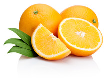Orange Fruit Sliced With Leaves Isolated On White Background