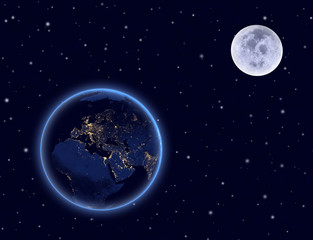Wall Mural - planet earth and moon on night sky. europe, africa and asia.