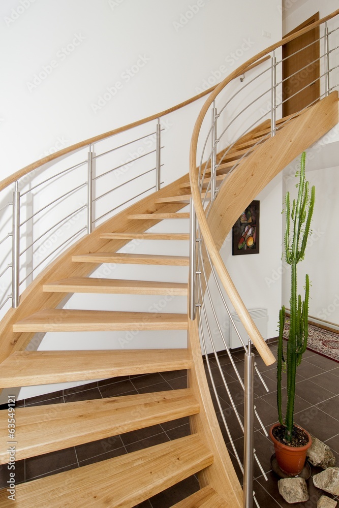 Wooden staircase with stainless steel elements - obrazy, fototapety, plakaty 