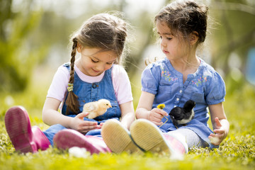 Wall Mural - Two little girls with chickens