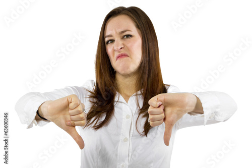 Fotografia, Obraz young businesswoman or student downvoting with gesture