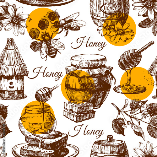 Cotton fabric Honey seamless pattern with hand drawn sketch illustration