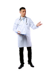 Poster - Portrait of a funny man doctor standing over white background