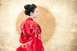 Fototapeta  - Vintage style portrait of a woman in red kimono