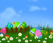 Easter background with Easter eggs in basket.