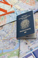 passport, maps, and tickets