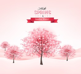 Aufkleber - Spring background with blossoming sakura trees. Vector.