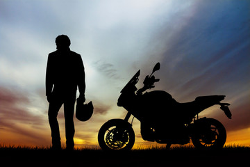 Poster - motorcyclist at sunset