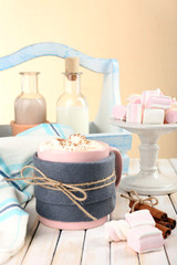 Fototapete - Mug of hot drink decorated in felt on wooden table