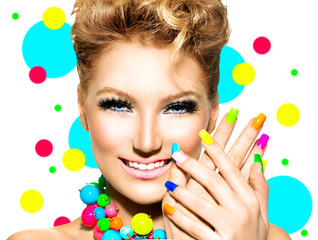 Beauty Girl with Colorful Makeup, Nail polish and Accessories