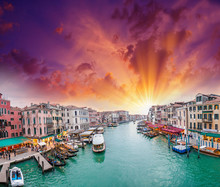 Venice. View Of Grand Canal At Dusk From Rialto Bridge