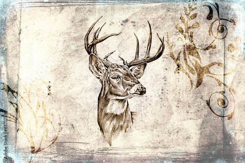 Naklejka - mata magnetyczna na lodówkę antique stag art drawing handmade nature