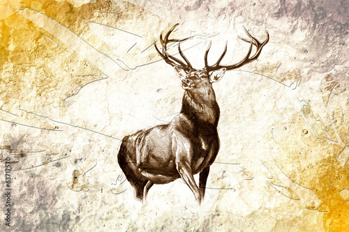 Naklejka - mata magnetyczna na lodówkę antique stag art drawing handmade nature