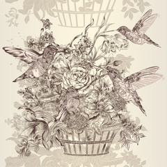 Poster - Vector seamless wallpaper pattern with flowers and birds